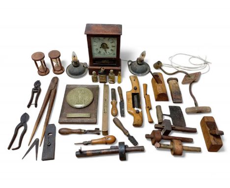 Woodworking Tools and other items A reproduction copper seal of George V's 'Great Seal of the Realm', three sand-glasses , sp