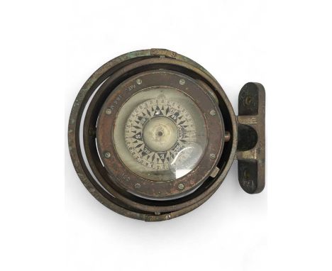 Ships compass A compass with 7.5cm dial in brass case with gimbal bracket