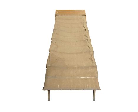 A WWII-style Fold-Out Camp Bed Concertina design, canvas in good condition with webbed support, 170cm in length unfolded.