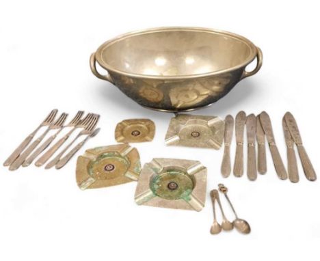 White Star Line A silver plate two handed tureen; six forks and seven knives; four ashtrays; three tea spoons; all early 20th