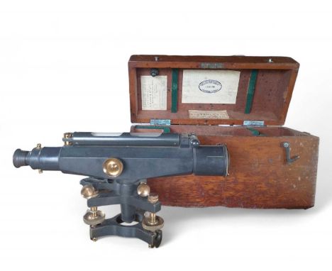 A W.F Stanley theodolite in fitted wooden box With original maker's/repairer's label and dated 26/8/37.