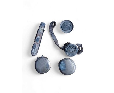RMS Lusitania, a silver wristwatch, penknife, and watch parts. The watch with remains of the leather strap, lacks face, the k