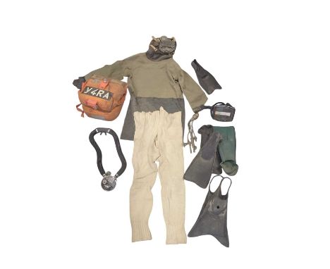 Diving Equipment An Ensivair Scuba Regulator, early diving woollen longjohns, Admiralty pattern fins c.1945, oxy-acetylene cu