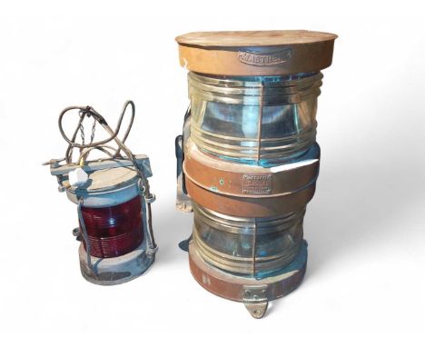 Lighting A copper Meteorite Masthead double ship's lamp lenses intact, 59cm, together with another ship's lamp with red lens,