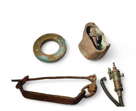 WWII Royal Navy landing craft Oil pump housing 41cm, 22cm x 25cm, together with a heavy bronze ring 33cm diameter and other f