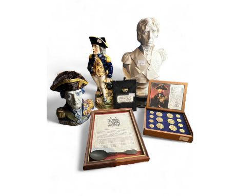 Nelson A white resin bust 34cm, two ceramic jugs 29&amp;18cm, replica buttons a replica brooch and a silver spoon.