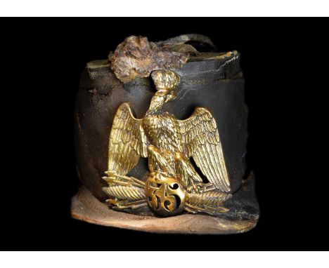 SS General Abbatucci Leather drummer boy's cap with brass French 35th Infantry Regiment badge  Black leather ‘shako’ cap with