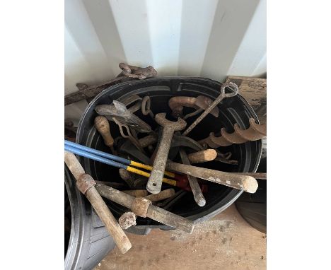 Charlestown Heritage Collection A Langley bung borer 44cm maximum together with augers and other tools etc. in two bins