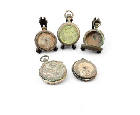 RMS Lusitania, a silver cased pocket watch, three others, and a case. All are in corroded and incomplete condition (5).This l
