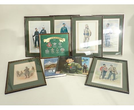Six framed Prints of Gurkha Personnel, a framed Print of Gurkha Regimental Insignia, various Books, 'With the Gurkhas' and 'I