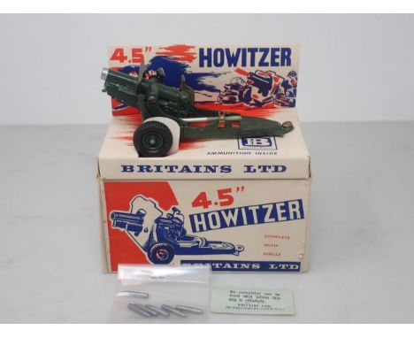 A boxed Britains 4.5'' Howitzer, ex-shop stock, mounted on card base with ammunition in sealed bag, compliments slip and pric