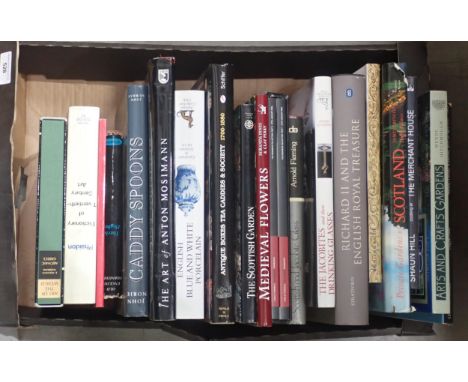 A box of assorted Antique and History Reference Books, including Caddy Spoons, Porcelain, Glasses and various garden related;