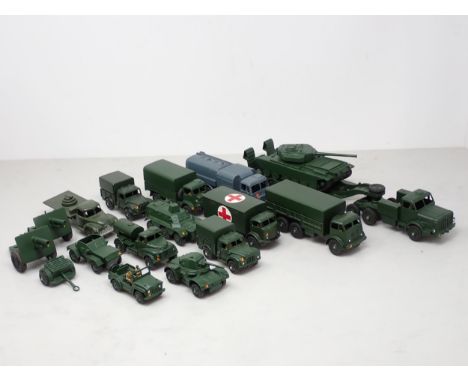 Seventeen Dinky Toys and Benbros Military Vehicles including Tank Transpoter, Chieftain Tank, Army Wagon, etc. 