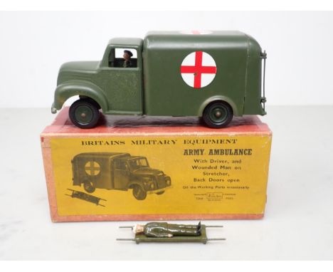 A boxed Britains No.1512 Army Ambulance with stretcher and driver. VGC, box VG-Ex 