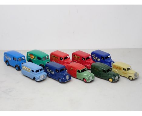 Ten repainted Corgi and Dinky Toys Commercial Vans including 'Dunlop', 'Oxo', 'Hovis', etc. 