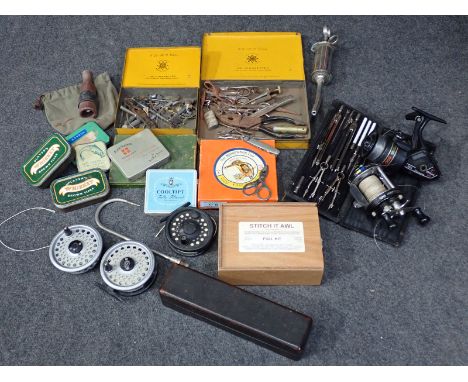 Two boxes of Fishing items including Shakespeare Sigma Fixed Spool Reel, Abu Ambassadeur Multiplier Reel, Rimfly Fly Reel, Fi