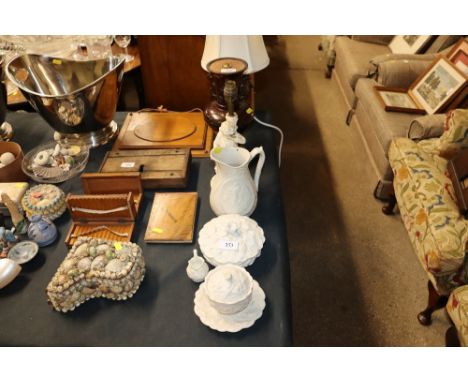 A quantity of Parianware items; and a figural lamp
