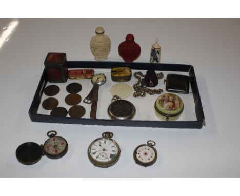 A compass, Chinese snuff bottles, vesta case etc.