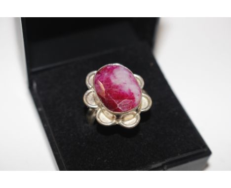 A large vintage silver and rubellite flower head ring size Q/R