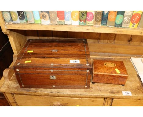 A burr wood trinket box with inlaid decoration and one other box with mother of pearl inlay