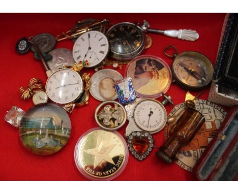A silver handled knife and cake set together with a bag containing two pocket watches, two nurses watches &amp; fob, vintage 