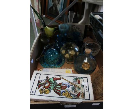 A box of decorative glassware &amp; vintage tiles