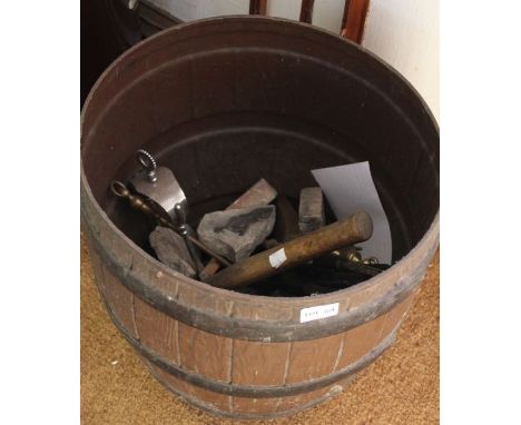 Half barrel design planter with fire side tools etc