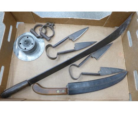 Two pairs of hand shears, a pewter inkwell, an early pair of handcuffs, a Wingfield & Co. Sheffield improved pruning saw with