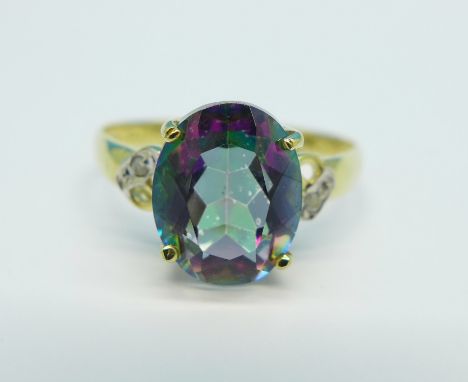 A 9ct gold, mystic topaz and diamond ring, 1.5g, N