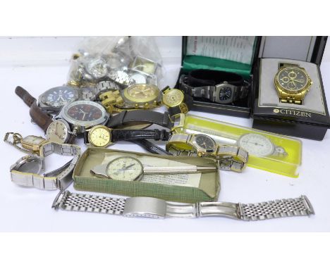 Wristwatches including Rotary, Sekonda and Citizen, watch movements, cases and two map gauges