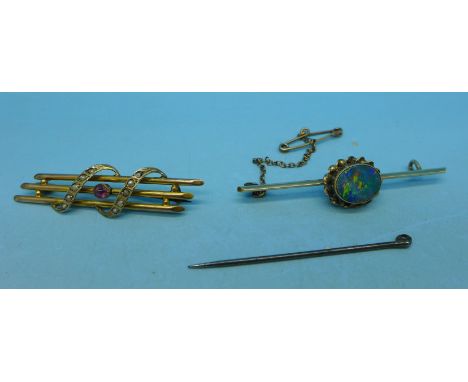 Two 9ct gold brooches, one opal set, pin loose, 5g