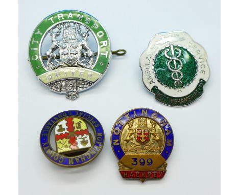 Four badges, a Nottingham County Special Constable marked 1914 on the back and made by Gaunt, London, Nottingham City Transpo