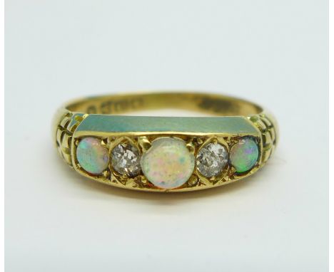 A Victorian 18ct gold, opal and diamond ring, 3.5g, R