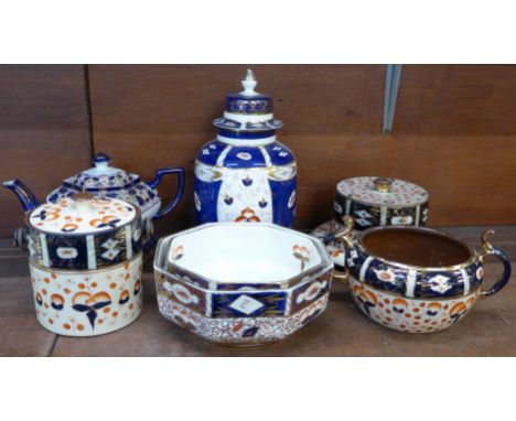 A collection of Imari pottery including two Wade Heath bowls, Johnson Ltd teapot and stand, cheese dome, etc., some a/f