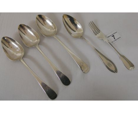 4 silver tablespoons (3 1798 Dublin, 1 French) & 1 Chester silver fork - Total approx 308g