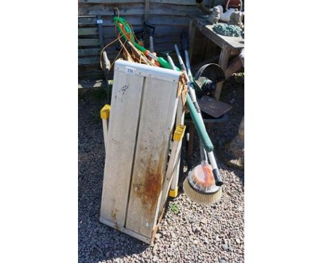 Large collection of garden tools, wheel barrow etc