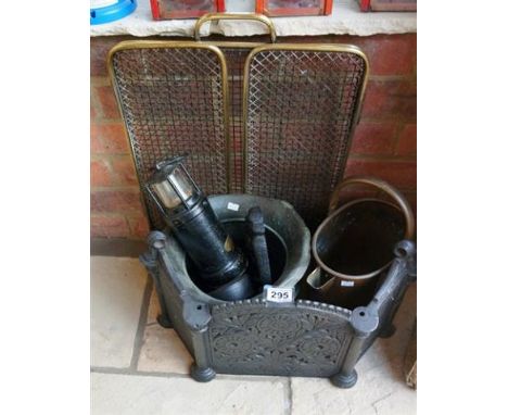 Old Davey lamp, fire surround, fireguard, copper jug etc