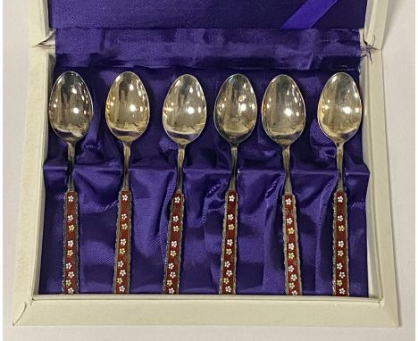 BOXED SET OF 6 SILVER &amp; ENAMEL ORIENTAL SPOONS - 4 OZS APPROX