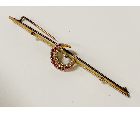 GOLD RUBY &amp; DIAMOND CRESENT MOON BAR BROOCH