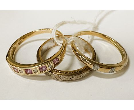 THREE 9CT GOLD RINGS - SIZE O / M - 6.4 GRAMS APPROX