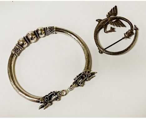 925 SILVER DRAGON BROOCH &amp; WHITE METAL DRAGON BRACELET