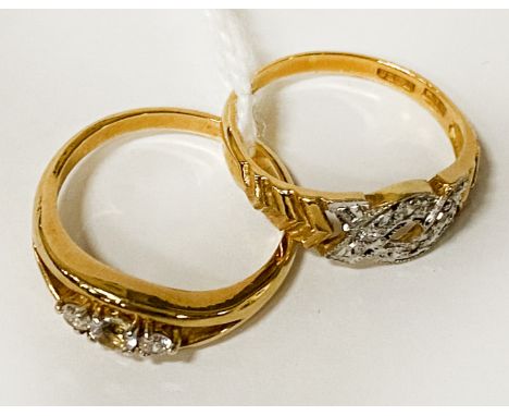 TWO 9CT GOLD RINGS SET WITH DIAMONDS - SIZES M / N - 6.6 GRAMS APPROX