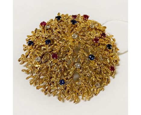 18 CARAT GOLD DIAMOND RUBY &amp; SAPPHIRE BROOCH - 33.2 GRAMS APPROX