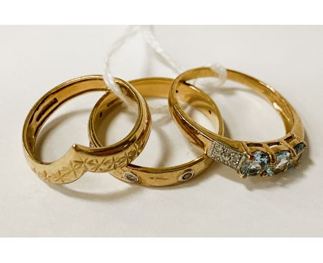 3 9CT GOLD DIAMOND &amp; AQUAMARINE RINGS - SIZES R &amp; N