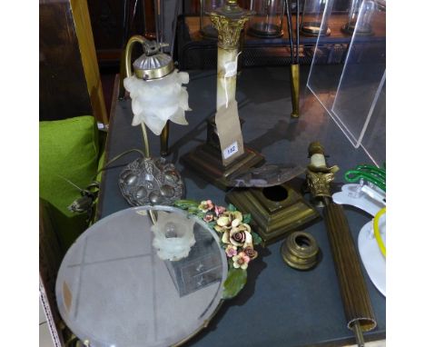 A pair of Corinthian column table lamps, H.38cm, together with a circular wall mirror with encrusted flowers to finial, an Af