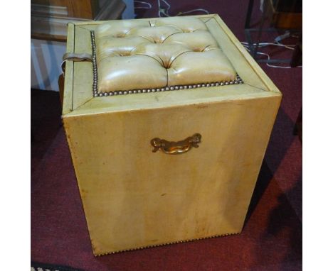 A 20th century light tan leather ottoman box stool, with buttoned lifting seat, H.54cm 