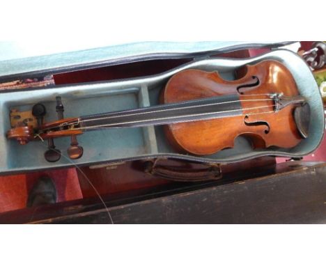 A vintage violin with case, together with a vintage wooden case and four bows 