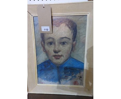 An Oriental portrait of a man in blue, framed, H.44cm W.34cm 