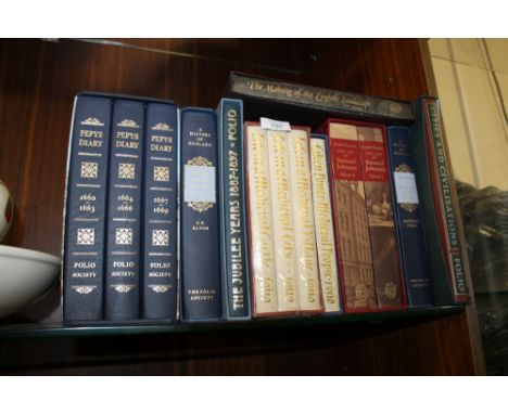 A SELECTION OF FOLIO SOCIETY BOOKS TO INCLUDE THE LIFE OF SAMUEL JOHNSON TWO BOOK SET, PEPYS DIARY ETC.