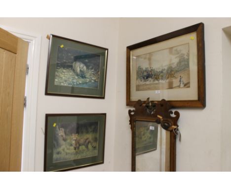 A PAIR OF WILDLIFE PRINTS TOGETHER WITH A VINTAGE COACHING SCENE 